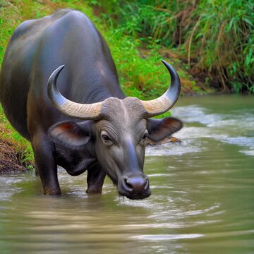 Water buffalo drinking in a calm forest river