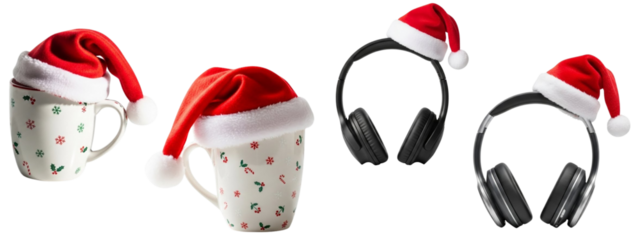 Christmas-Themed Mugs and Headphones Wearing Santa Hats – Festive Stock Image