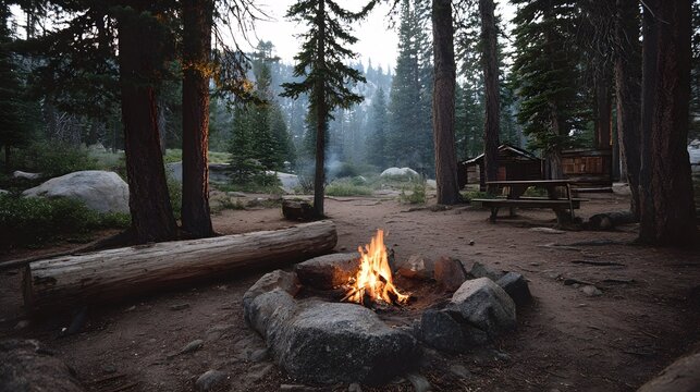 Serene forest campsite with a crackling campfire fallen log and rustic cabin in the distance