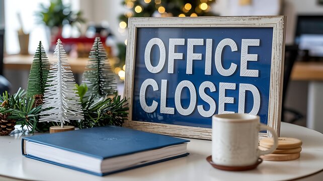 Office closed sign displayed on a table next to a book festive miniature trees and a warm beverage during the holiday season