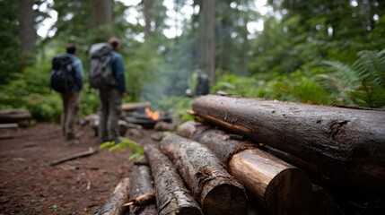 Fototapeta premium Hikers pause at a forest campfire with stacked logs amid lush greenery