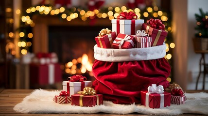 Santa s overflowing red sack filled with festive christmas presents sits by a warm glowing fireplace with twinkling lights