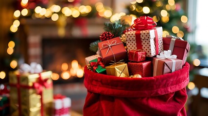 Overflowing red santa sack filled with colorful wrapped christmas presents in front of a cozy fireplace and twinkling tree lights