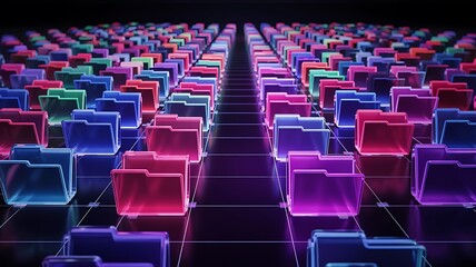 Abstract digital data storage concept with rows of glowing colorful cubes representing information and technology in a futuristic grid