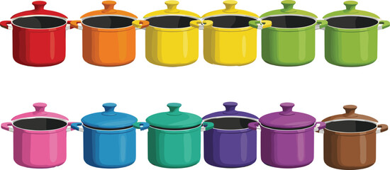 Colorful vector illustration of assorted kitchen cooking pots with lids in vibrant rainbow tones for modern culinary design projects.