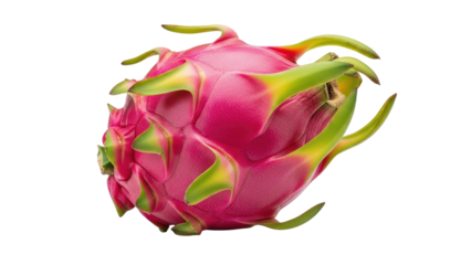 A vibrant pitaya fruit with bright pink skin and green leafy scales