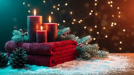 Warm christmas eve scene with glowing red candles and pine branches nestled in soft snow and festive bokeh lights