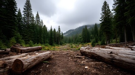 A forest landscape featuring large cut logs in a clearing with dense evergreen trees and misty mountains visible under a moody overcast sky