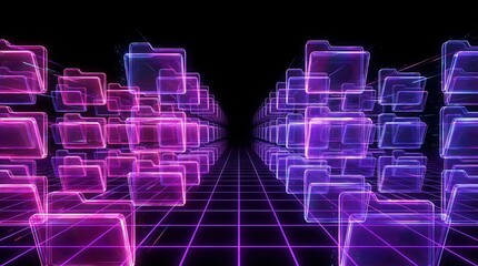 Abstract futuristic cityscape with glowing neon purple and pink transparent cubes arranged in rows on a digital grid