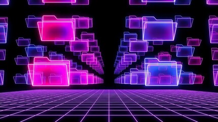 Abstract neon grid tunnel with glowing purple and pink cubes floating in a futuristic digital data network