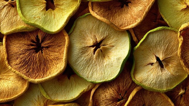 Dried apple rings, close-up view showing the texture and shape. Great for illustrating healthy snacks and autumnal themes.