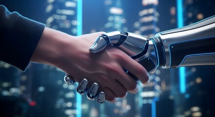 Human robot handshake futuristic technology artificial intelligence collaboration agreement future tech