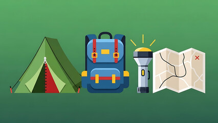 Flat design illustration of essential outdoor adventure gear tent, backpack, bright flashlight, and navigation map. Perfect for camping, hiking, and travel preparation