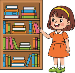 Cute vector illustration of a smiling girl choosing a book from a full bookshelf, perfect for education and reading themes.