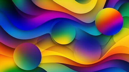 Abstract background with colorful wavy layers and gradient spheres floating on the surface design
