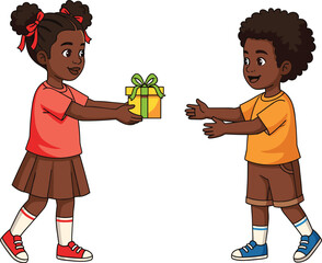 Cute vector illustration of two children exchanging a gift, showing friendship, kindness, and sharing in a cheerful, playful moment.