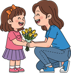 Cute vector illustration of a smiling girl giving flowers to her mother, symbolizing love, gratitude, and family bonding.