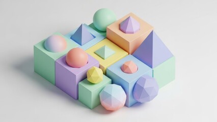 Fototapeta premium Pastel-colored geometric abstraction with spheres and pyramids balancing on blocks artistic design
