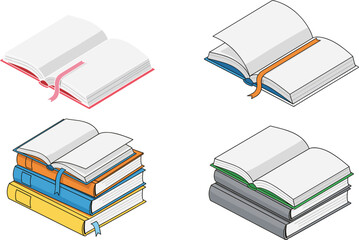 Detailed vector illustration of open books and stacked books with bookmarks, perfect for educational, academic, literary, and study-themed design projects.