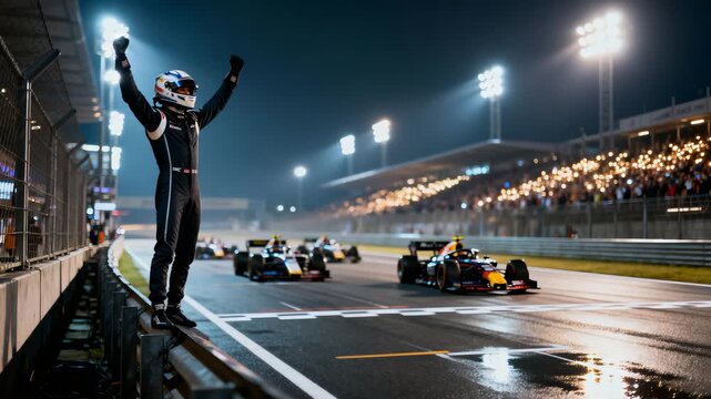 Race official cheers, Motorsport official gestures amid rainy race