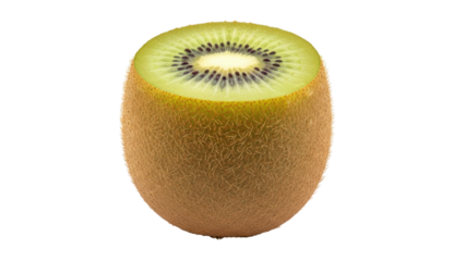 A halved kiwi fruit, showing interior texture and fuzzy brown skin, set against black