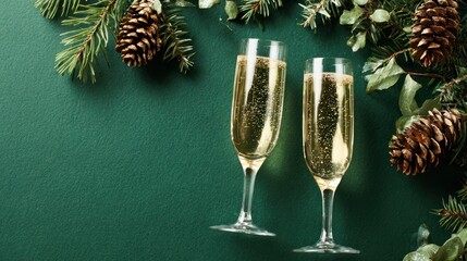 Obraz premium Two champagne flutes with pine cones and greenery against green background