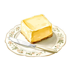 Watercolor Cheesecake Slice on Vintage Plate Vector
