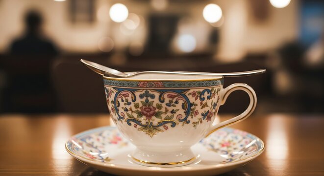 Elegant ornate teacup with spoon on saucer in soft focus cafe setting - Powered by Adobe