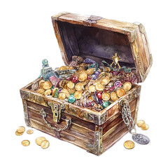 Open Wooden Pirate Treasure Chest Clipart with Gold Coins and Jewels  © Sajana Jayathissa