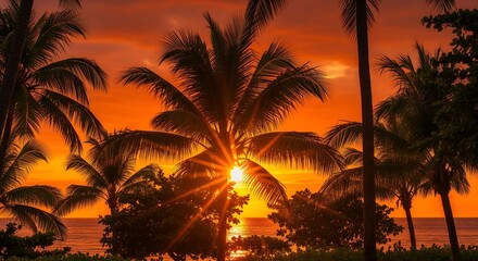 Vibrant tropical sunset behind silhouetted palm trees on a beach