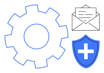 Data security, communication systems, process optimization, secure technology, digital services, system management. Large gear, envelope blue shield with cross. Data security and communication
