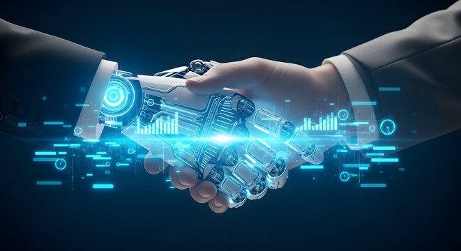 Ai robot handshake technology future partnership collaboration innovation automation deal meeting - Powered by Adobe