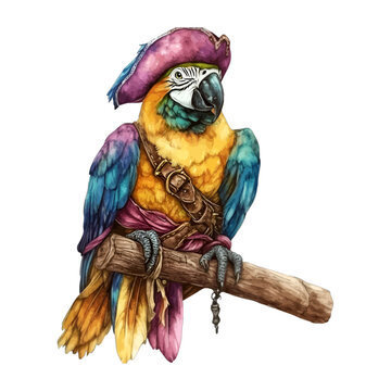 Watercolor Illustration of Colorful Pirate Macaw Parrot on Perch