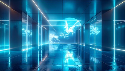 Futuristic abstract business background, 2026 style, smooth glass panels, floating geometric shapes, neon edge glows, gradient blue–cyan tones, soft depth-of-field, corporate tech aesthetic.”