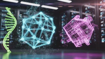 Abstract digital structures dna and geometric forms in server room - Powered by Adobe