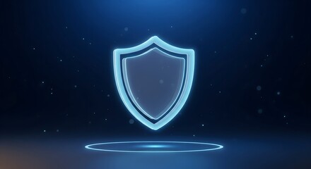 Fototapeta premium Digital security shield icon floating over a glowing platform in a dark futuristic environment representing data protection, privacy, and cybersecurity.