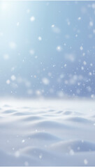 Naklejka premium peaceful snow-covered landscape with soft, rolling snow dunes. Light snowflakes gently fall through the air, creating a tranquil and serene winter atmosphere and copy space.