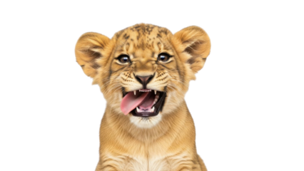 Lion cub looking at the camera with mouth open and tongue out isolated PNG with Transparent Background