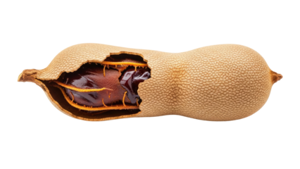 Seedpod with partially exposed interior, revealing a dark seed and pulp