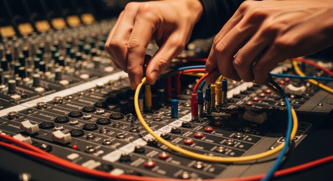 Hands swapping patch cables on an audio mixdesk patchbay demonstrating quick rerouting of audio channels during live recording.