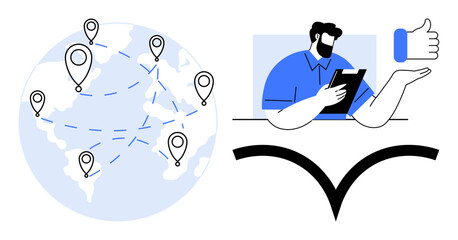 Global communication, digital approval, remote teamwork, international networking, professional services, online operations. Map with pin locations, man using tablet thumbs-up icon. Global