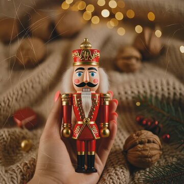 Nutcracker doll held by a woman s hand on a knitted blanket background