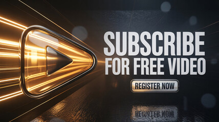 Golden play button with futuristic light streaks for subscription promotion design