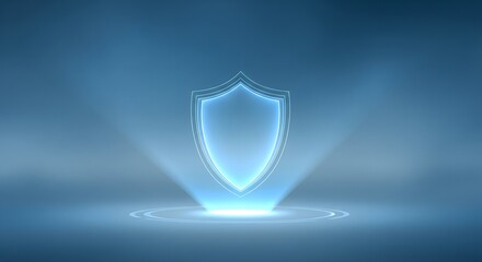 Fototapeta premium Futuristic blue holographic glowing digital security shield icon concept on abstract background for data protection and cyber defense.