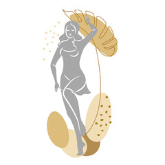 Silhouette of a cute lady and leaves of a plant. The girl is standing. The woman has a beautiful figure. She is young and slim. Vector illustration.