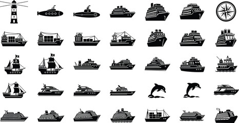 Nautical vector set featuring cruise ships, cargo vessels, submarines, lighthouse, pirate ship, dolphin, compass and marine icons in black silhouette style