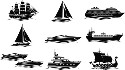 Sailing ship icon set featuring sailboats, yachts, nautical vessels and marine silhouettes in a clean vector design