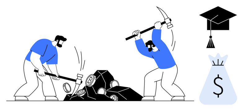 Two figures use pickaxes and magnifying glass to mine resources symbols of graduation cap and money bag represent education and financial growth. Ideal for mining, education, finance, hard work