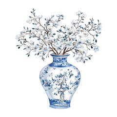 Watercolor Blue and White Chinoiserie Porcelain Vase with Blossoms Vector Illustration