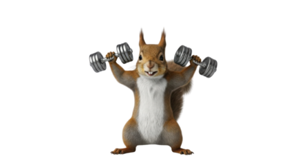 Squirrel lifting dumbbells for exercise isolated PNG with Transparent Background